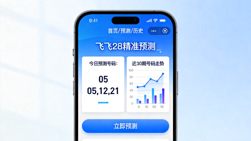 飞飞28精准预测App界面展示，包含预测结果和走势图表