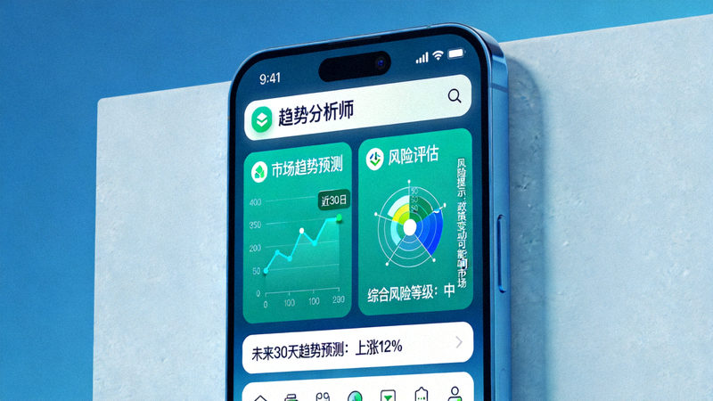 趋势分析师App界面展示，包含市场趋势预测和风险评估