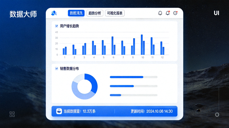 数据大师App界面展示，包含数据分析工具和可视化图表