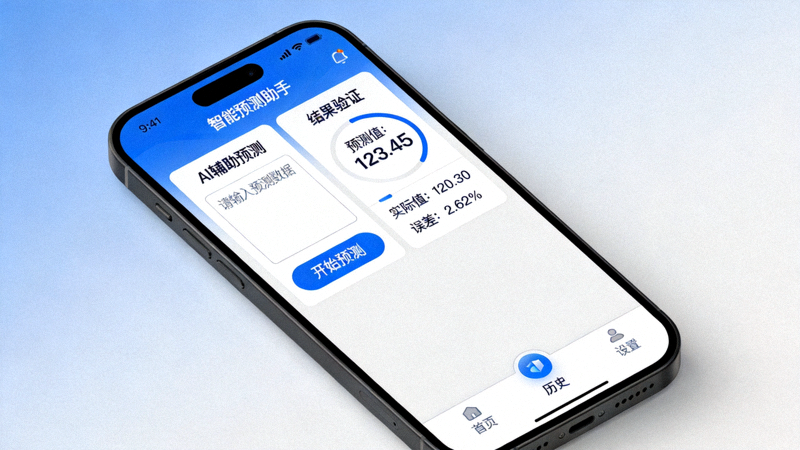 智能预测App界面展示，包含AI辅助预测和结果验证